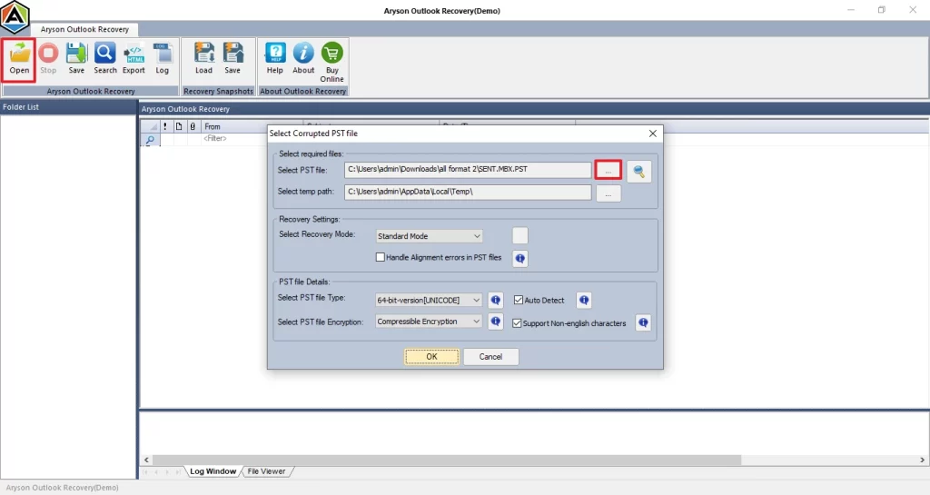 click on Open and browse the .pst files.