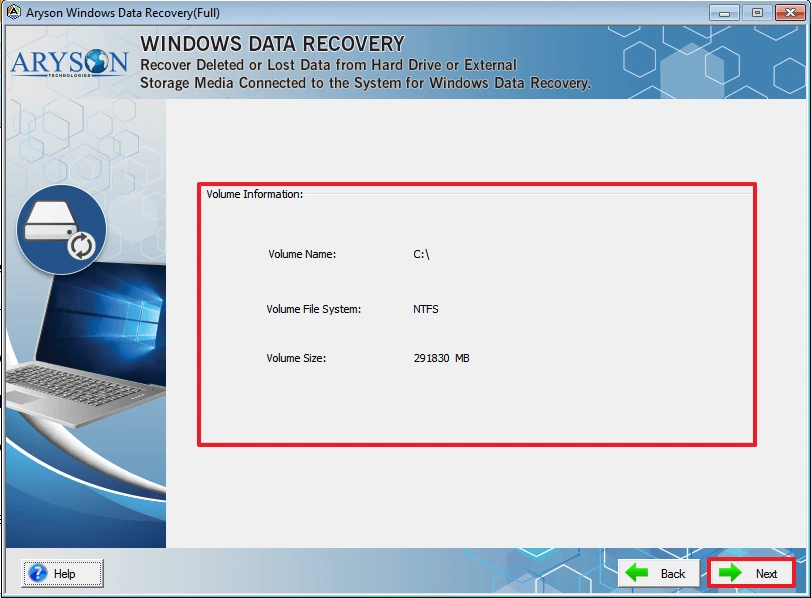  volume information is displayed >> click on Next.