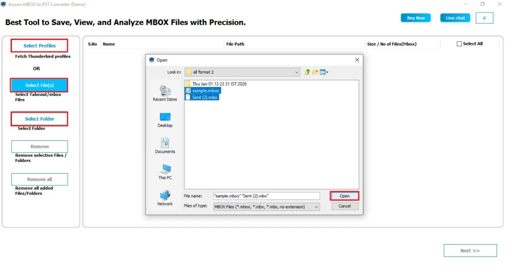 Select File/Folder, browse the .mbox file and click Open.