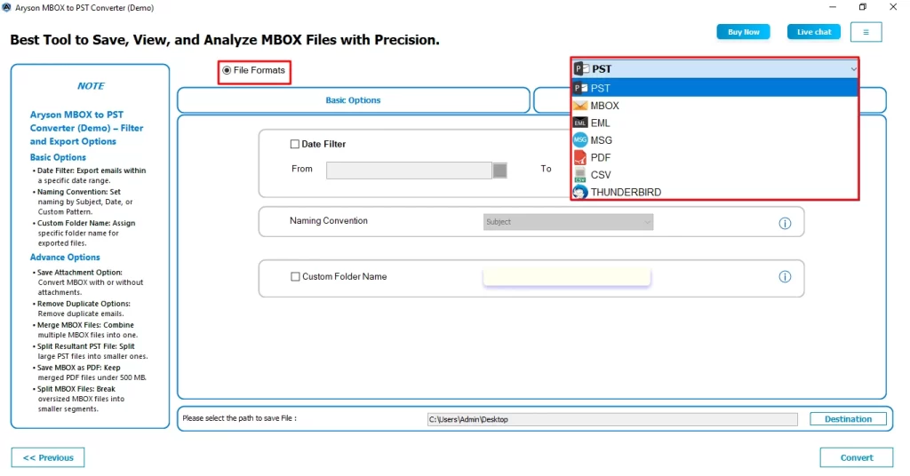 Select the file format as PST.