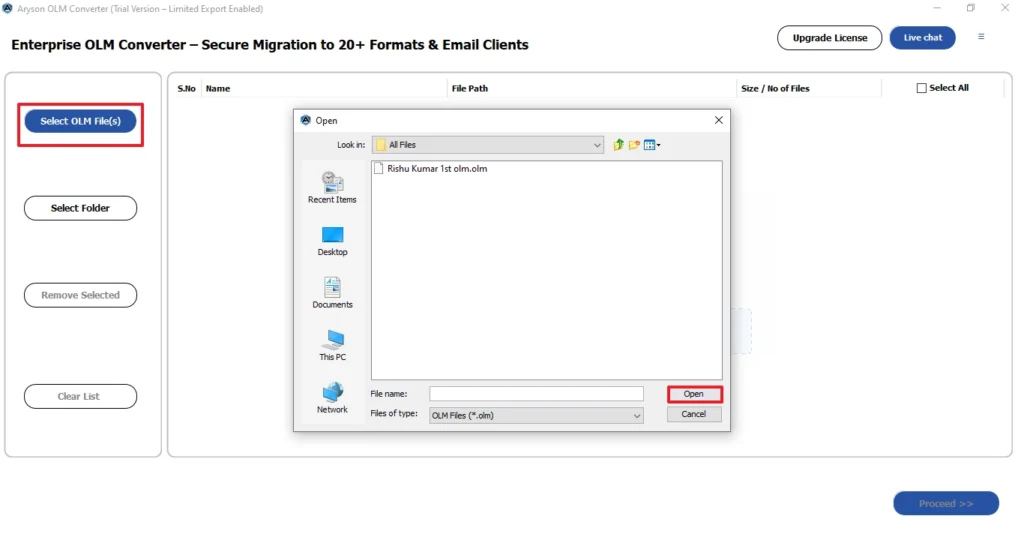 Select Files/Folders and Click Open.