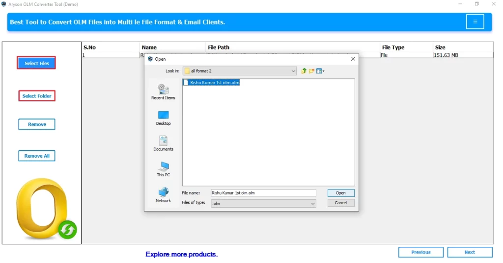 Select the file/folder and browse the .olm file.