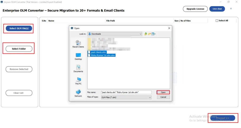 select the file/folder and click on open.