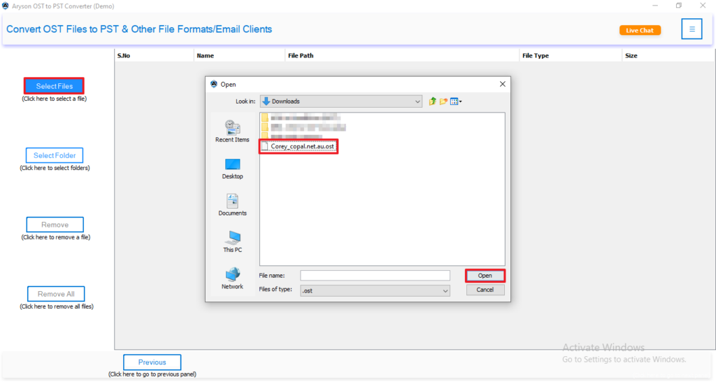 Select a file/folder and navigate to the .ost file and click open.