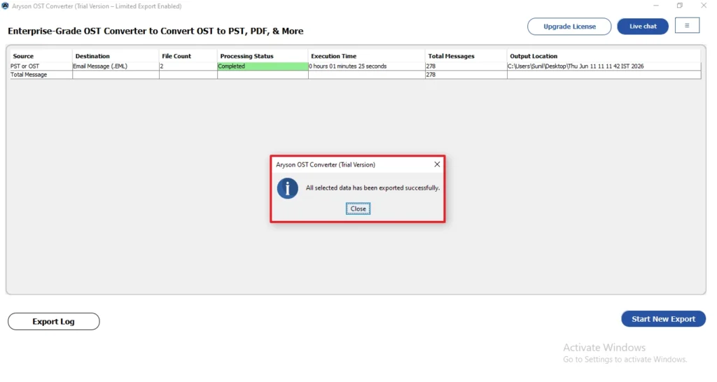 All selected data has been exported successfully