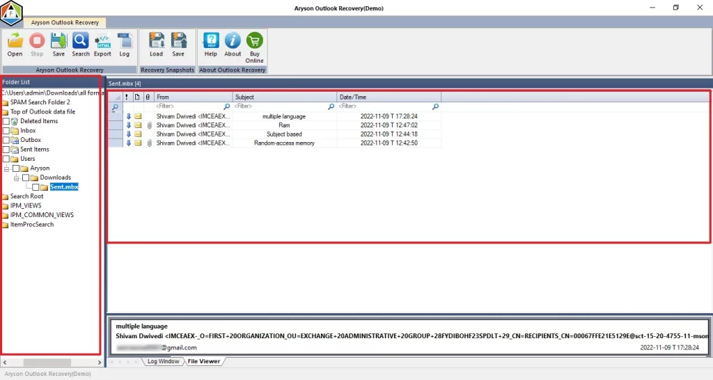 Preview the recovered emails.