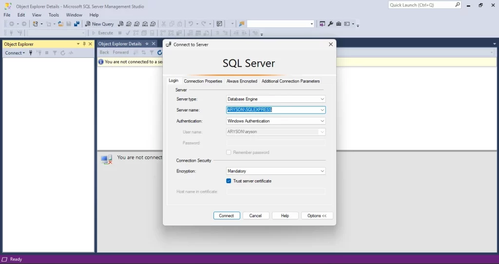 Connect the SQL server with the SSMS application