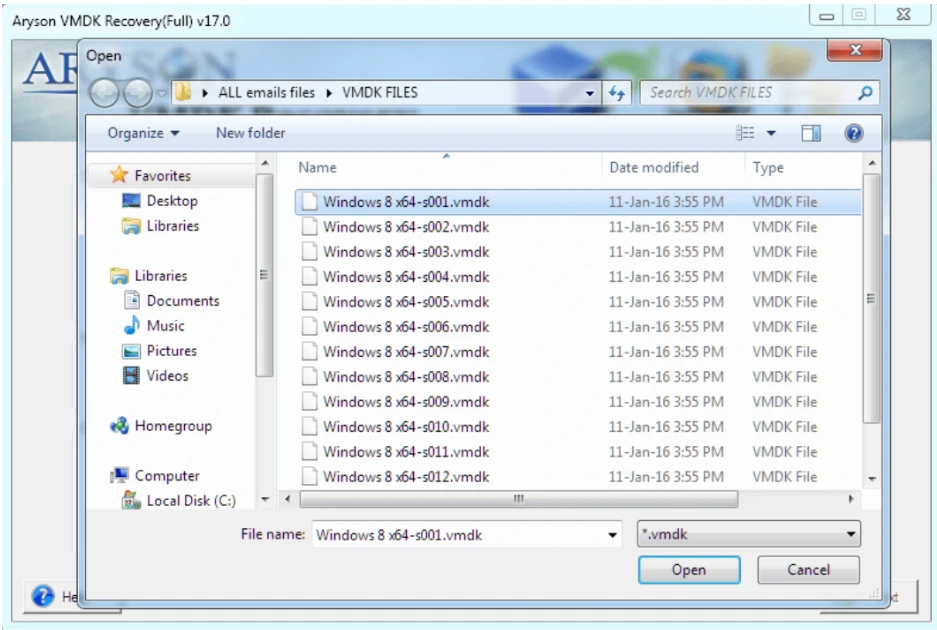 Select the VMDK file and click Open