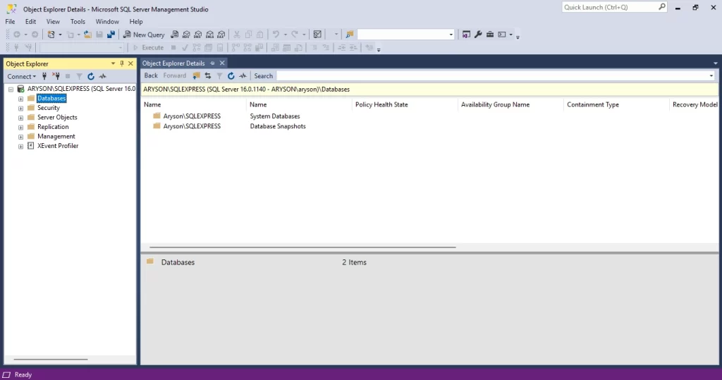 Select the Database section