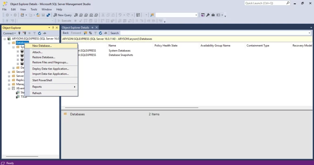 Select the New Database option to create a placeholder