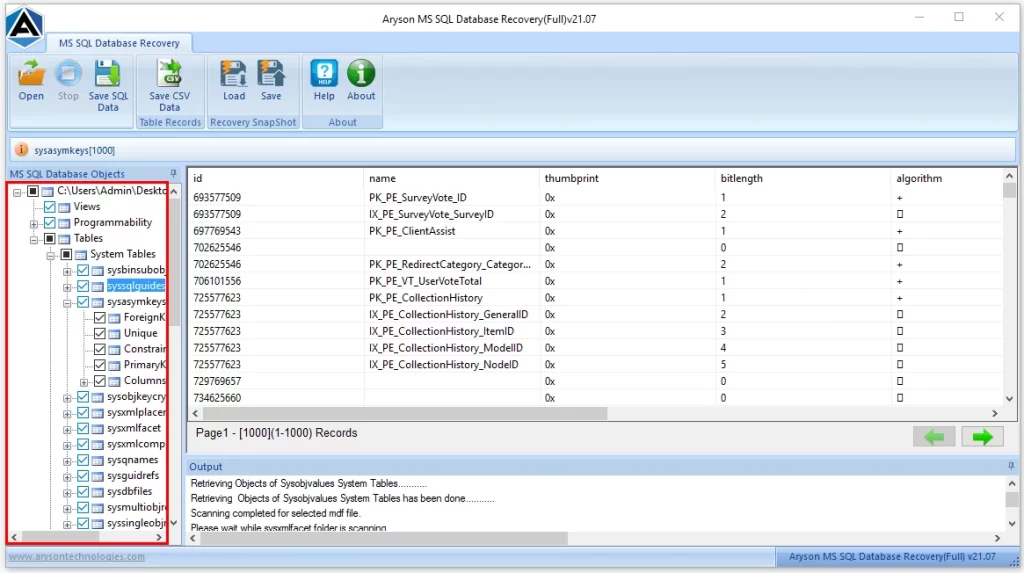 You can preview the restored database objects.