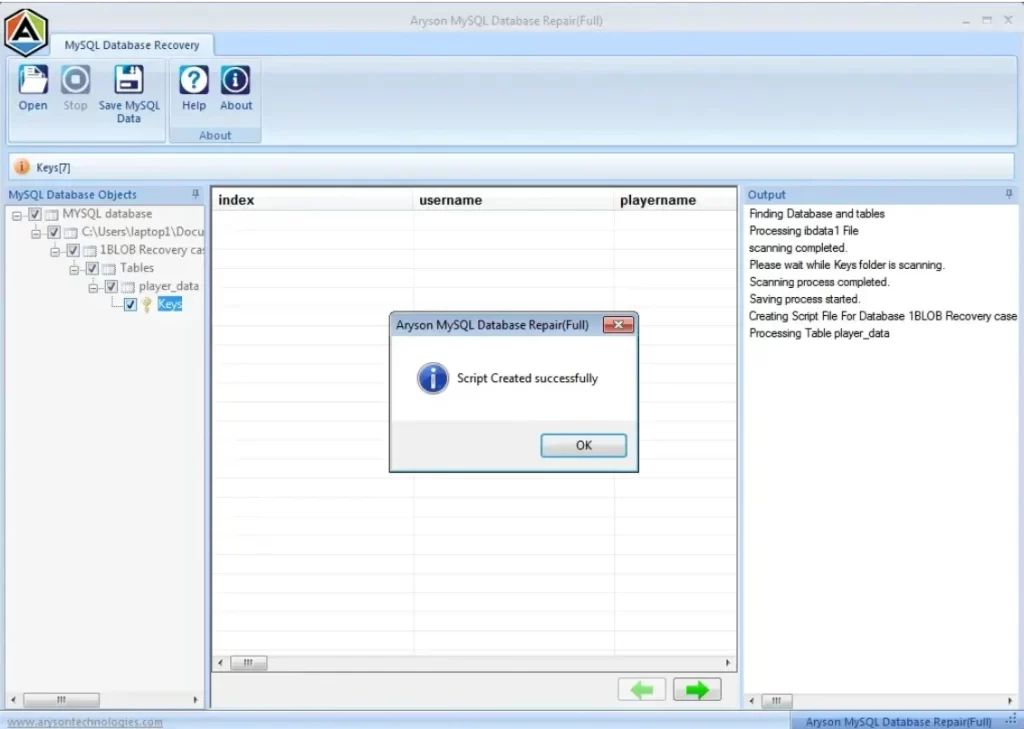 Click on "Save SQL Data," adjust the settings, and then click "OK.