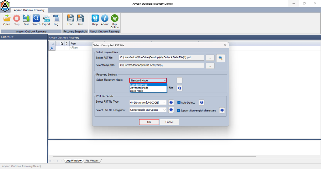 Choose the desired PST file and mode of scanning.