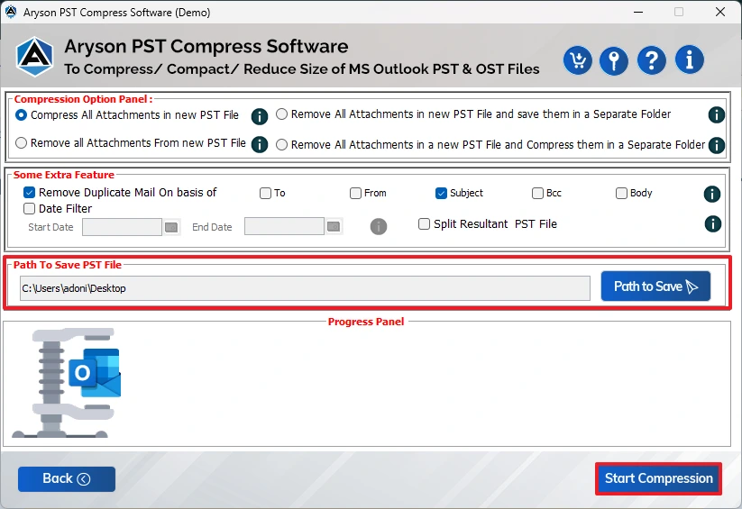 Provide the desired file path & start compression.