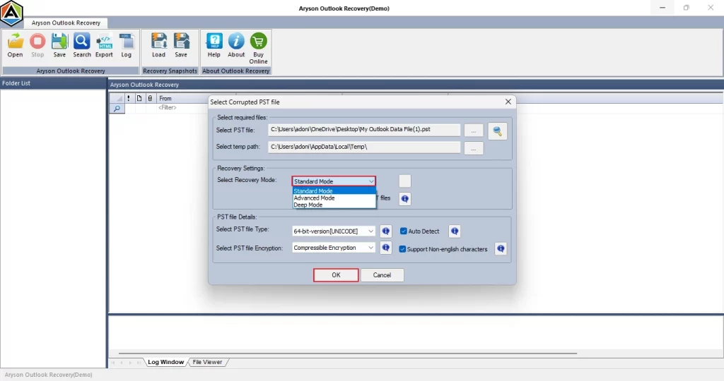 Open and select the PST file you want to repair, then select a scan mode.