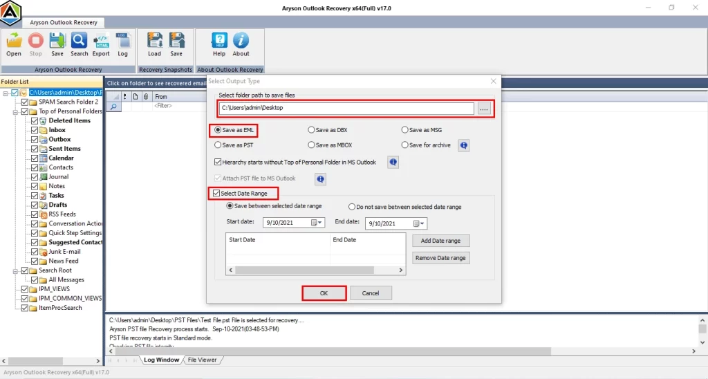 Select your file format, apply settings, and then click OK.