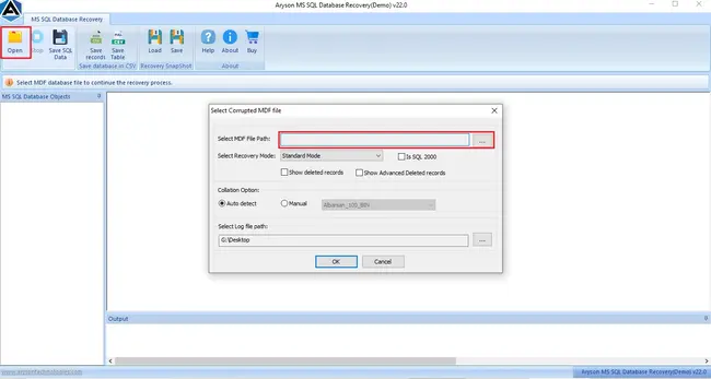 Click on Open and browse the .mdf file location.
