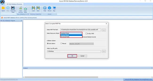 Select the mode for the recovery and click OK.