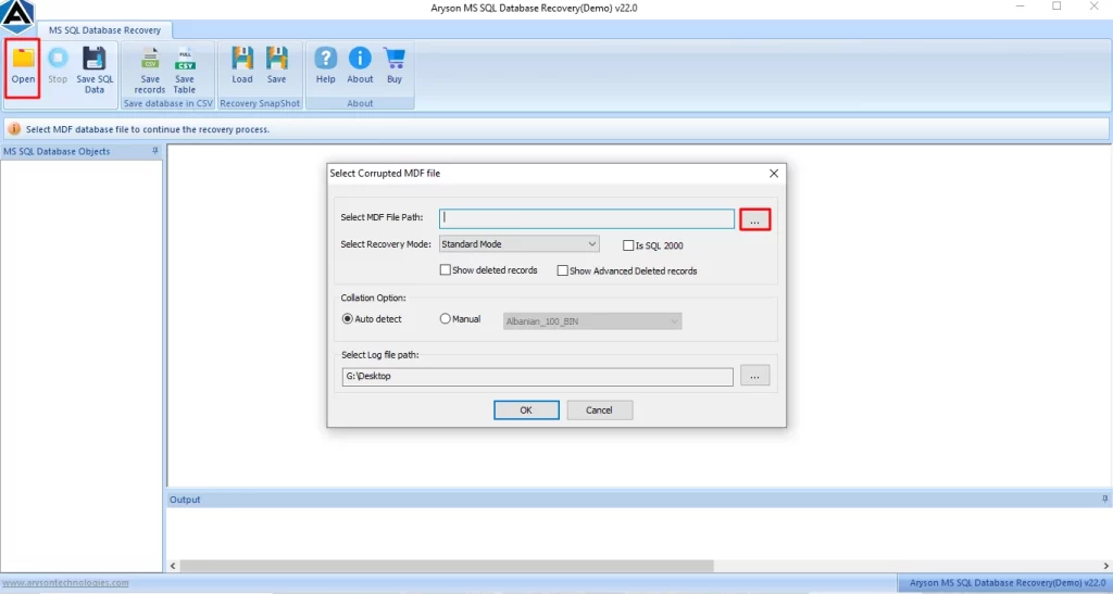 Click on Open and browse the .mdf files
