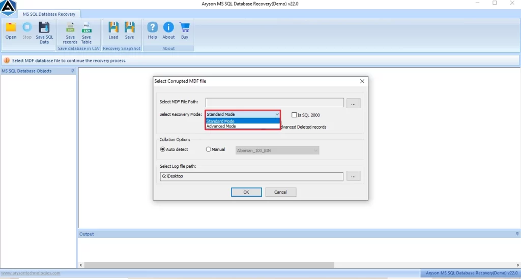 Select the mode to scan the MDF file.