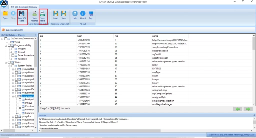 Save the file by clicking on Save CSV data or Save SQL data.