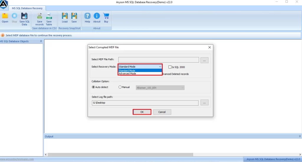 Select the recovery mode to scan the mdf file.