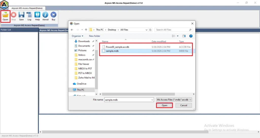 click on open and browse the .mdb and .accdb files >> Open.