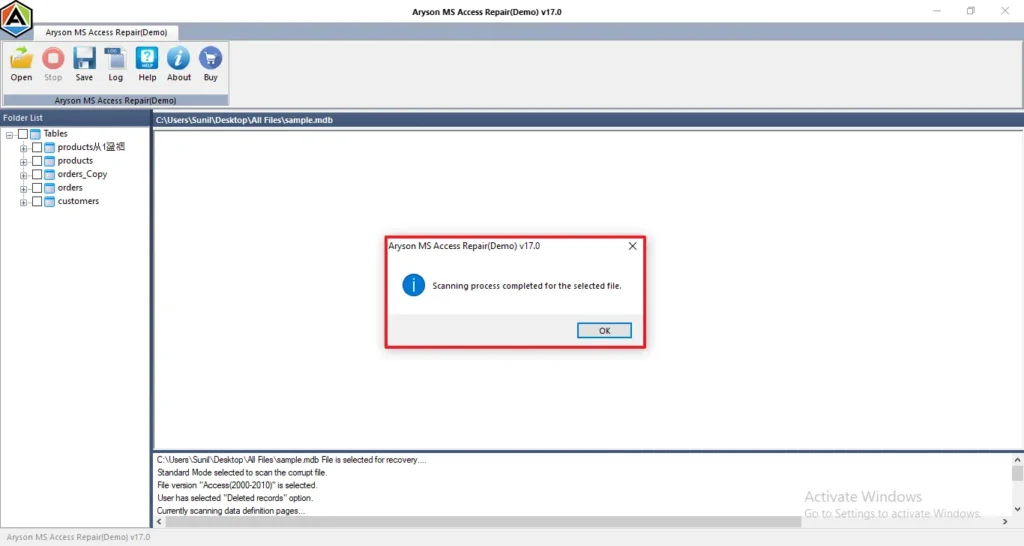 A pop-up message appears>>Scanning Process has completed.
