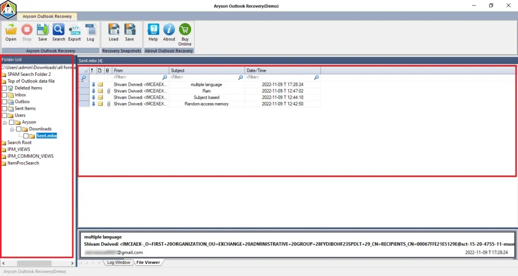 Preview the recovered emails.